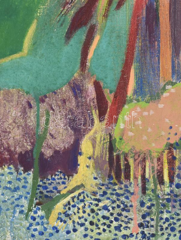 Bikácsi Daniela (1943- ): Nyári éjszaka (Széchenyi templom). Olaj, vászon. Jelezve jobbra lent. Hátoldalán Képcsarnok Vállalat címkéjével. Dekoratív fakeretben. 60×90 cm / oil on canvas, signed, framed. - Image 3