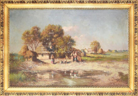 Olvashatatlan jelzéssel: Faluvége. Olaj, vászon. Javított. Dekoratív, kissé sérült fakeretben. 62×95 cm. KIZÁRÓLAG SZEMÉLYES ÁTVÉTEL, NEM POSTÁZZUK! / ONLY PERSONAL COLLECTION AT OUR OFFICE!