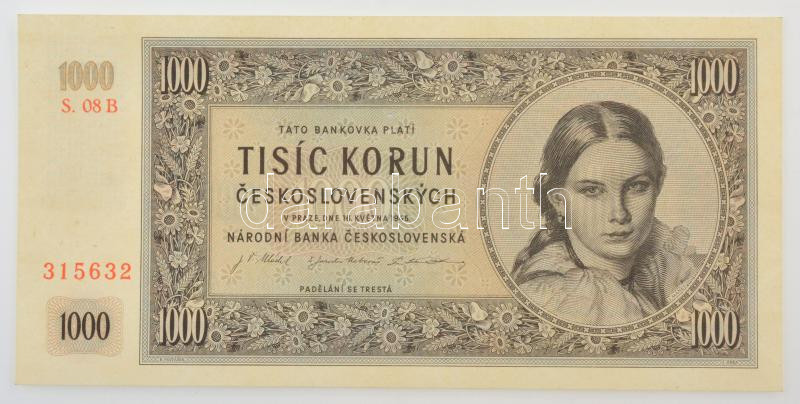 Csehszlovákia 1945. 1000K három perforált lyuk 'S. 08 B 315632' T:UNC / Czechoslovakia 1945. 1000 Korun with 3 perforated holes 'S. 08 B 315632' C:UNC Krause P#74