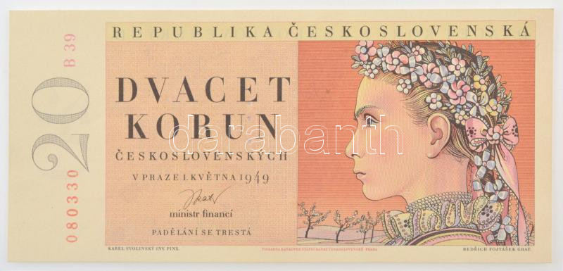 Csehszlovákia 1949. 20K három perforált lyuk '080330 B 39' T:UNC / Czechoslovakia 1949. 20 Korun with 3 perforated holes '080330 B 39' C:UNC Krause P#70