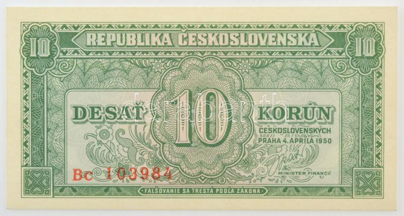 Csehszlovákia 1950. 10K három perforált lyuk 'Bc 103984' T:UNC / Czechoslovakia 1950. 10 Korun with 3 perforated holes 'Bc 103984' C:UNC Krause P#69