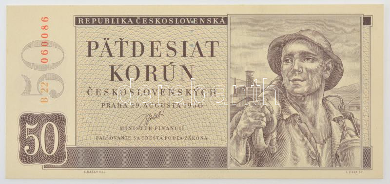 Csehszlovákia 1950. 50K három perforált lyuk 'B 22 060086' T:UNC / Czechoslovakia 1950. 10 Korun with 3 perforated holes 'B 22 060086' C:UNC Krause P#71.s