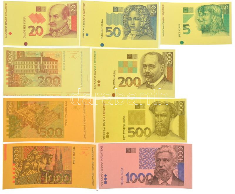 Horvátország 1993 (1994). 5K előlapi színpróba + 20K előlapi színpróba + 50K előlapi színpróba + 200K előlapi színpróba + 200K előlapi és hátlapi színpróba + 500K előlapi színpróba + 500K előlapi és hátlapi színpróba +
