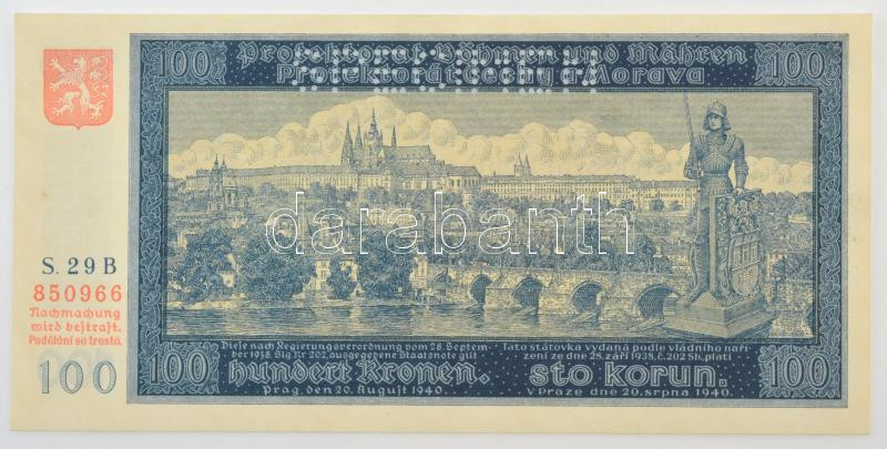 Német Harmadik Birodalom / Cseh-Morva Protektorátus 1940. 100K első kiadás, 'SPECIMEN' perforációval, 'S. 29 B 850966' T:AU / German Third Reich / Protectorate of Bohemia and Moravia 1940. 100 Korun first issue, with 'SPECIMEN' perforation,