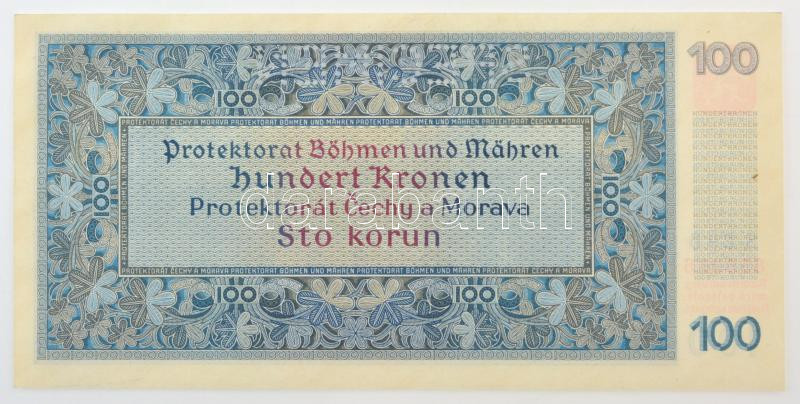 Német Harmadik Birodalom / Cseh-Morva Protektorátus 1940. 100K első kiadás, 'SPECIMEN' perforációval, 'S. 29 B 850966' T:AU / German Third Reich / Protectorate of Bohemia and Moravia 1940. 100 Korun first issue, with 'SPECIMEN' perforation, - Image 2