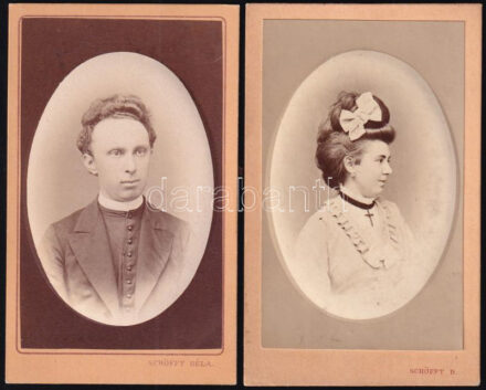 cca 1870 2 db porcelánkép utánzatú keményhátú portré Schöfft Béla pesti műterméből, 10,5×6,5 cm