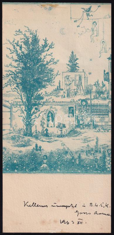 Gross Arnold (1929-2015): Üdvözlőlap. Színes rézkarc, papír. levágott A művész autográf feliratával. 10x21 cm