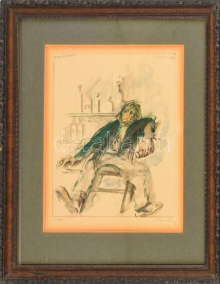 Róna Emy (1904-1988): József Attila illusztráció (tanulmányfej), 1970. Akvarell, tus, papír, jelzett. Dekoratív, üvegezett fakeretben, 26,5×25 cm