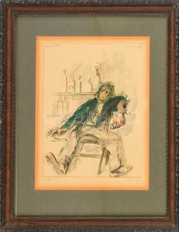 Róna Emy (1904-1988): József Attila illusztráció (tanulmányfej), 1970. Akvarell, tus, papír, jelzett. Dekoratív, üvegezett fakeretben, 26,5×25 cm