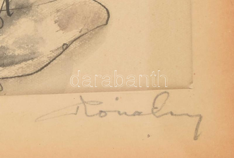 Róna Emy (1904-1988): József Attila illusztráció (tanulmányfej), 1970. Akvarell, tus, papír, jelzett. Dekoratív, üvegezett fakeretben, 26,5×25 cm - Image 2