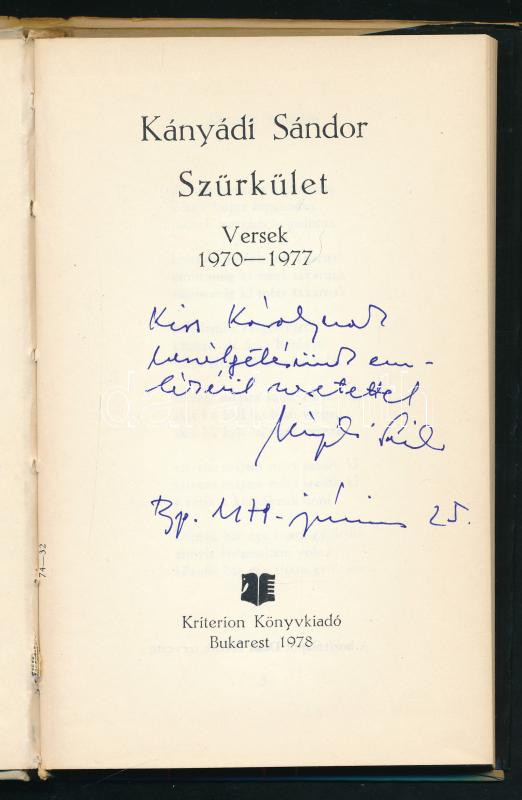 Kányádi Sándor: Szürkület. Bukarest, 1978. Kriterion. DEDIKÁLT. Egészvászon kötésben, kiadói papírborítóval, kis kopással - Image 2