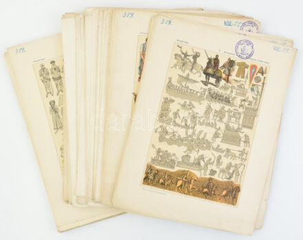 200 db viselettörténeti és történelmi metszet, 1900 körül. Litográfia, papír, jelzett a metszeten (Dess. et lith. par Fr. Hottenroth), intézményi bélyegzővel, lap sarkaiban ceruzás jelzéssel, lap széle részben sérült és foltos,