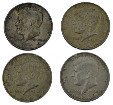 Amerikai Egyesült Államok 1965-1968. 1/2$ Ag 'Kennedy' (4xklf) T:XF,VF patina USA 1965-1968. 1/2 Dollar Ag 'Kennedy' (4xdiff) C:XF,VF patina