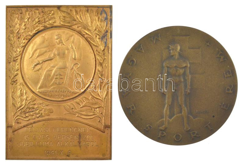 Arató Gyula (1889-1969) ~1940. 'Magyar Sport Érem / A jövő nemzedéke a nemzet jövője' kétoldalas bronz érdemérem eredeti, sérült tokban (61mm) + 1941. 'Magyar Kerékpáros Szövetség' aranyozott fém érdemplakett eredeti, kopottas