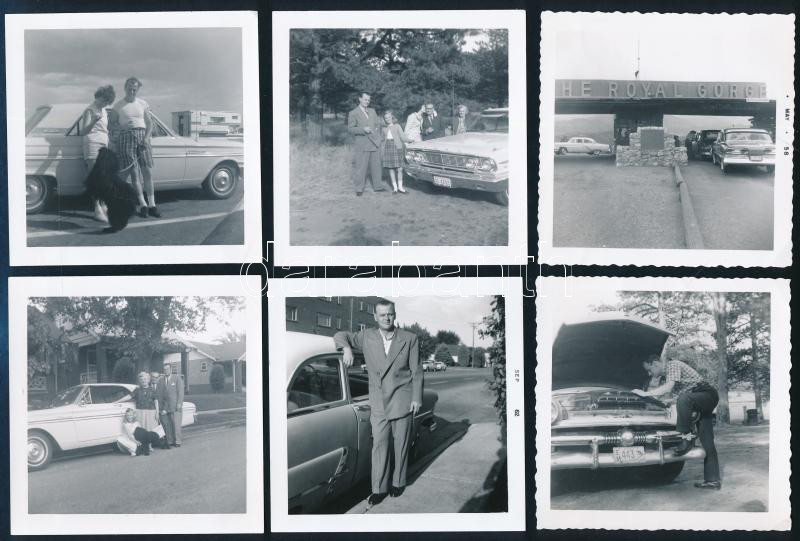 1958-1968 Az Egyesült Államokban élő magyar férfi hazaküldött fényképei, rajtuk klasszikus '50-es évekbeli autókkal; 12 db fotó, a hátoldalon feliratozva, 9x9 cm - Image 2