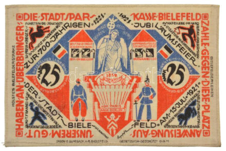 Németország / Weimari Köztársaság / Bielefeld 1921. 25M vászon T:AU / Germany / Weimar Republic / Bielefeld 1921. 25 Mark linen C:AU
