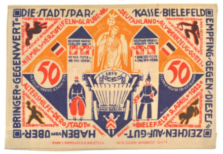 Németország / Weimari Köztársaság / Bielefeld 1921. 50M selyem, bélyegzéssel T:AU,XF ly. / Germany / Weimar Republic / Bielefeld 1921. 50 Mark silk, with stamp C:AU,XF hole