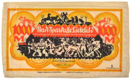 Németország / Weimari Köztársaság / Bielefeld / 1922. 1000M sárga, selyem, bélyegzés nélkül T:VF / Germany / Weimar Republic / Bielefeld 1922. 1000 Mark yellow, silk, without stamp C:VF