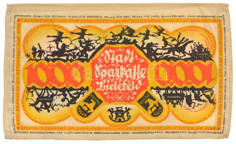 Németország / Weimari Köztársaság / Bielefeld / 1922. 1000M sárga, selyem, bélyegzés nélkül T:VF / Germany / Weimar Republic / Bielefeld 1922. 1000 Mark yellow, silk, without stamp C:VF - Image 2