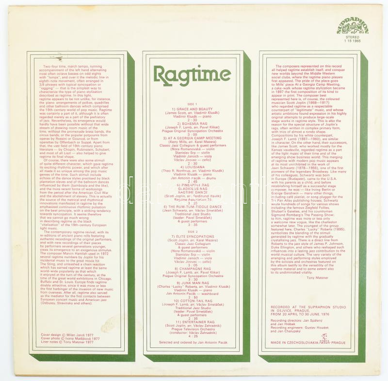 Ragtime. Vinyl, LP, Album, Stereo, Supraphon - 1 15 1965, Csehszlovákia/Czechoslovakia, 1976 - Image 2