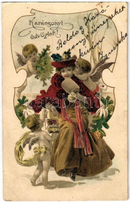 1902 Karácsonyi üdvözlet / Christmas greeting, lady with angels litho