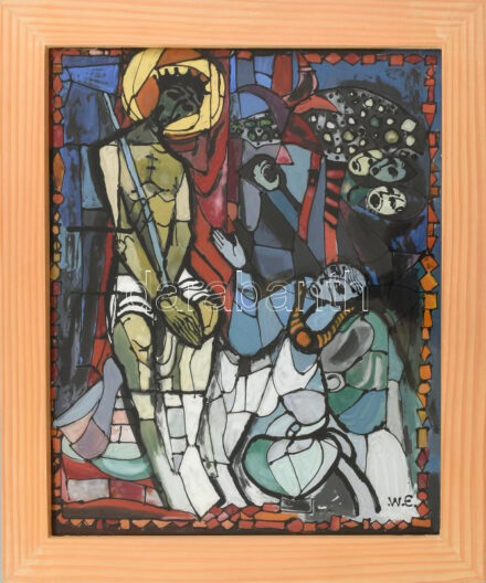 Éva Wiegisser: Jesus wird zum Tode verurteilt. Üveg festmény. Jelzett, keretben 31x25 cm