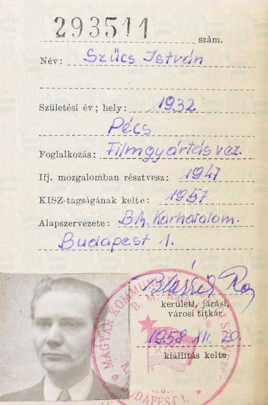 1958 Bp., BM Karhatalom alkalmazottja részére kiállított, fényképes KISZ tagsági igazolvány + Karhatalmi felvarró, 7,5x7 cm - Image 2