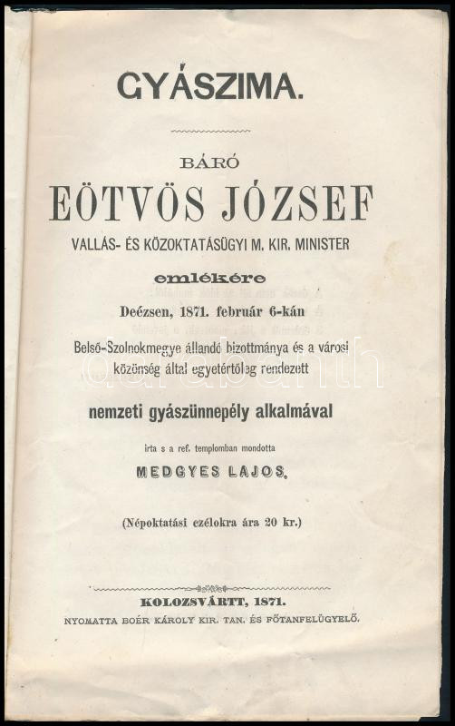 1871 Gyászima báró Eötvös József emlékére. 8p - Image 2