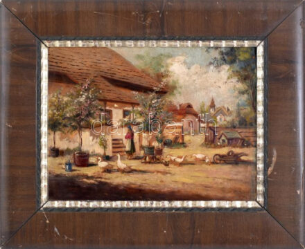 Agárdi Soós Lajos (működött a XX. sz elején-közepén): Virágos udvar. Olaj, karton. Jelezve jobbra lent. Apró felületi sérüléssel. Dekoratív, kissé sérült fakeretben, 30x40 cm