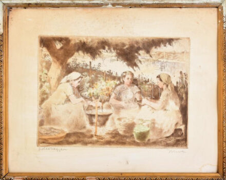 Imre István (1918-1983): Szőlőhegyen. Színezett rézkarc, papír. Jelzett. Foltos. Sérült fakeretben, 26x35 cm