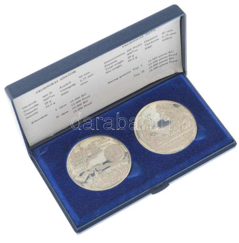 1990. 500Ft Ag 'Mátyás király / Beatrix' + 500Ft Ag 'Mátyás király - Buda' tanúsítvánnyal, dísztokban T:UNC (eredetileg PP) Adamo EM113, Adamo EM114 - Image 3