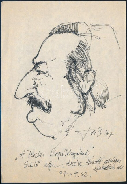 1987 Laczky István (1958-) szignált, dedikált tollrajza Örsi Ferenc (1927-1994) íróról, 19×13 cm