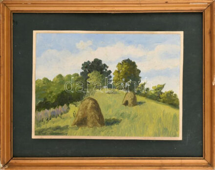 Olvashatatlan jelzéssel: Boglyák a dombon. Olaj, karton, kissé foltos. Sérült fakeretben, 23×32,5 cm