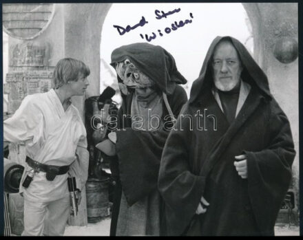 David Stone amerikai színész autográf aláírása, az eredeti 'Csillagok háborúja' (Star Wars) film jelenetét ábrázoló fotónyomaton, tanúsítvánnyal, 25x20 cm. (Stone a film 'Wioslea' nevű karakterét játszotta, emellett különböző