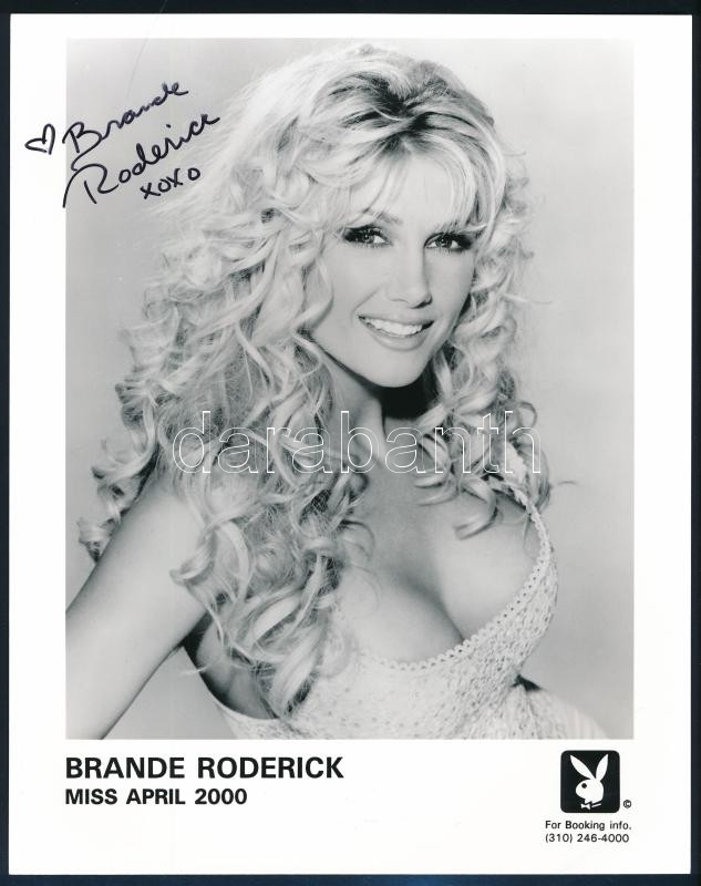 Brande Roderick színésznő, modell, Playmate, a 'Baywatch' c. sorozat szereplőjének autográf aláírása őt ábrázoló Playboy fotónyomaton, tanúsítvánnyal, 25x20 cm / Autograph signed photo of Brande Roderick actress, model, known for
