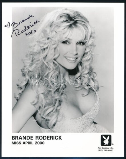 Brande Roderick színésznő, modell, Playmate, a 'Baywatch' c. sorozat szereplőjének autográf aláírása őt ábrázoló Playboy fotónyomaton, tanúsítvánnyal, 25x20 cm / Autograph signed photo of Brande Roderick actress, model, known for