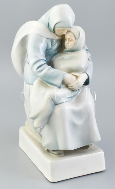 Zsolnay: Anya gyermekével. Kézzel festett porcelán, jelzett, Terv: Sinkó András. Talapzatán kér hajszálrepedés. m: 36 cm
