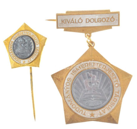 ~1970. 'Kiváló dolgozó - Tudományos Ismeretterjesztő Társulat (TIT)' aranyozott, műgyantás kitüntető jelvény miniatűr kitűzővel, eredeti dísztokban T:AU kis patina