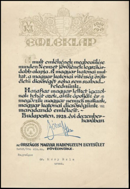 1928 Bp., Az Országos Magyar Hadimúzeum Egyesület Fővédnöke által kiadott hazafias emléklap