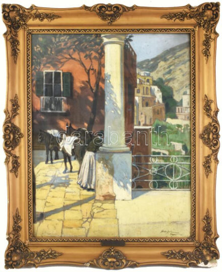 Kövér Gyula (1883-1972): Capri. Olaj, vászon, jelezve jobbra lent. Dekoratív, sérült, üvegezett fakeretben. 75x60 cm / Kövér Gyula (1883-1972): Capri. Oil on canvas, signed lower right, framed. 75x60 cm