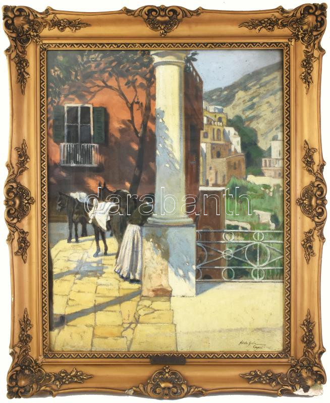 Kövér Gyula (1883-1972): Capri. Olaj, vászon, jelezve jobbra lent. Dekoratív, sérült, üvegezett fakeretben. 75x60 cm / Kövér Gyula (1883-1972): Capri. Oil on canvas, signed lower right, framed. 75x60 cm