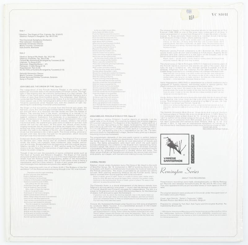 Jean Sibelius - The Origin Of Fire. Vinyl lemez, LP, Album, Varése Sarabande - VC 81041, Egyesült Államok/US, 1978 - Image 2