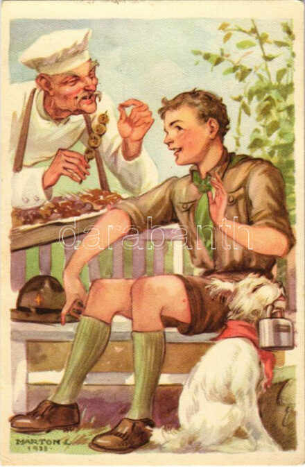 A cserkész takarékos. Cserkész levelezőlapok kiadóhivatala / Hungarian boy scout art postcard s: Márton L.
