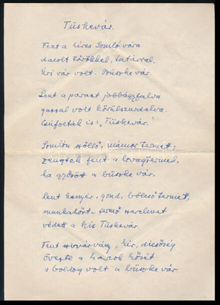 1962 Tüskevár, Mécs László (1895-1978) premontrei szerzetes, költő versének eredeti kézirata, két kézzel írt oldal, a végén Mécs László autográf aláírásával és ajánló soraival.