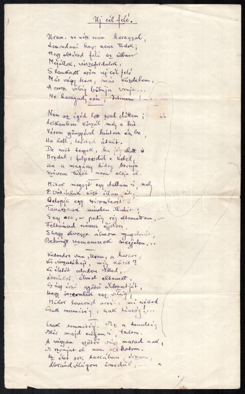 Széplaki Bálint: Új cél felé. Vers kézirata, két kézzel írt oldal. Megjelent: Uj Idők, 1905. (11. évfolyam, I. kötet, 498. old.)
