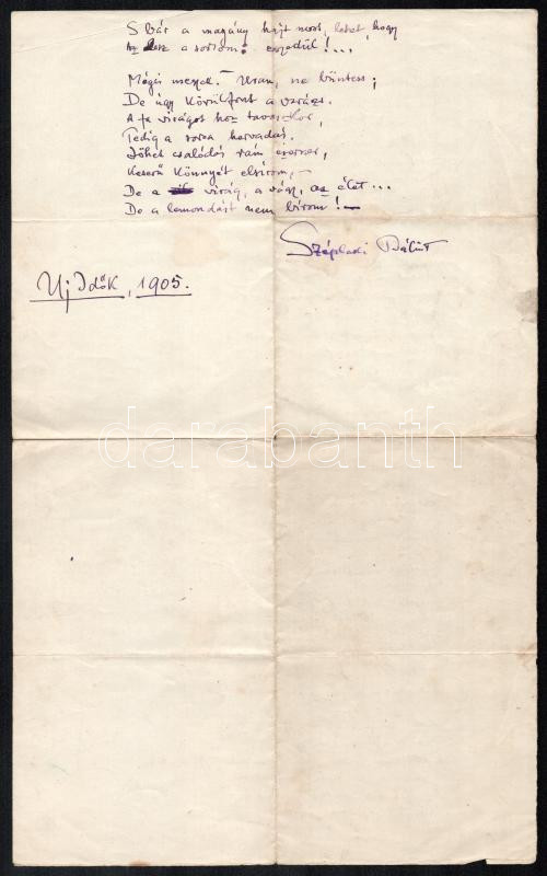 Széplaki Bálint: Új cél felé. Vers kézirata, két kézzel írt oldal. Megjelent: Uj Idők, 1905. (11. évfolyam, I. kötet, 498. old.) - Image 2