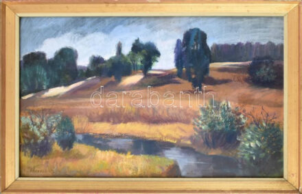Farkas Lajos (1919-1998): Domboldal. Olaj, farost. Jelzett. Hátoldalán autográf felirattal és Képcsarnok Vállalat címkéjével, mely szerint szerepelt az 1983-ban a szombathelyi Derkovits-teremben rendezett kiállításon. Üvegezett