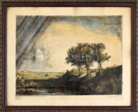 Peresztegi Róbert (?-?), Rembrandt után: Táj, 1953. Színezett rézkarc, papír, jelzett, lap széle kissé foltos, üvegezett fakeretben, 21,5×27 cm