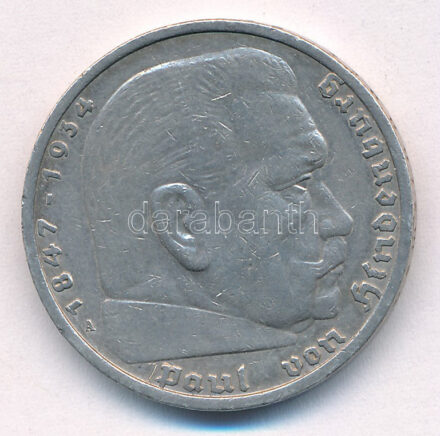 Német Harmadik Birodalom 1936A 5M Ag 'Hindenburg' T:XF patina German Third Reich 1936A 5 Marks Ag 'Hindenburg' C:XF patina