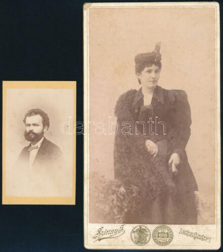 cca 1870-1896 Munkácsy Mihály fiatalkori portréja és Munkácsy Mariska, 2 db keményhátú fotó, egyik hátoldalon feliratozva, 10×6 és 20,5×11 cm